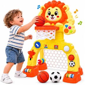 Adjustable Lion Basketball Hoop & Soccer Goal Activity Center, Birthday Gifts for 1 2 3 Years Old Boys and Girls, Baby Toys for 12-18 Months, Toddler Toy for Kids with Lights & Music in Kuwait