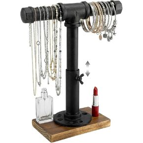 MyGift Industrial Pipe Black Metal T-Bar Jewelry Bracelet & Necklace Adjustable Height Display Stand with Brown Wood Base in Kuwait