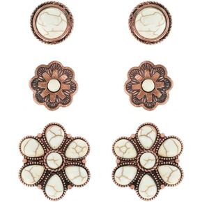 NIVEK Set of 3 White Turquoise Color Stud Earrings Copper Antique Finish Western Boho Flower Round Bohemian Southwestern in Kuwait