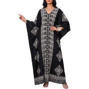 Goood Times Black & White Floral Long Kaftan Kimono Maxi Dress Plus Size Caftan Gown Nightdress Kimono for Women in Kuwait
