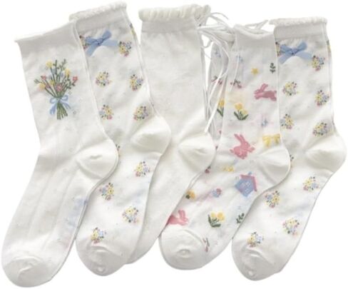 5 Pairs White Cute Socks, Women's Lace Ruffles Ankle Casual Sock, Cottagecore Breathable Mid Tube Socks, Floral Crew Socks in Kuwait