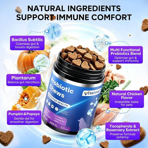 Dog Probiotic Soft Chews 225 Count 450g, 2B CFU 6 Heat-Stable Strains with Pumpkin Papaya, Digestive Support for Puppy Adult Senior Dogs in Kuwait