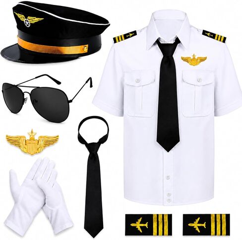 زي Matiniy Airline Pilot Captain يتضمن قميص الطيار وقبعة الطيار وشارة النظارات الشمسية للبالغين من ملابس الطيار in Kuwait