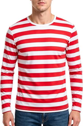 Men's Red White Striped Shirt Waldo Costume Halloween Robber Costume Pugsley Addams Black White Striped T-Shirt Top in Kuwait