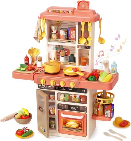 Kids Kitchen Play Set，Interactive Kids Kitchen Play Set with 50Pcs of Pretend Kitchen Toys，Realistic Sound Effects，and Simulated Functionality - Suitable for Toddlers Aged 3-5 Years(Pink) in Saudi Arabia