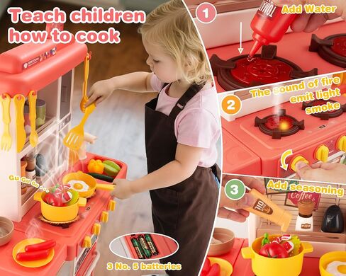 Kids Kitchen Play Set，Interactive Kids Kitchen Play Set with 50Pcs of Pretend Kitchen Toys，Realistic Sound Effects，and Simulated Functionality - Suitable for Toddlers Aged 3-5 Years(Pink) in Saudi Arabia