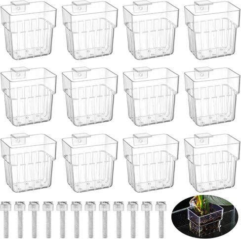 12 Pack Top Hanging Fish Tank Plant Pot Clear Aquarium Plant Holder with Hook Aquatic Plant Cup Holder Aquarium Aquatic P-lant Pot Water Landscape Decoration for P-lant Water Feature Decoration in Kuwait