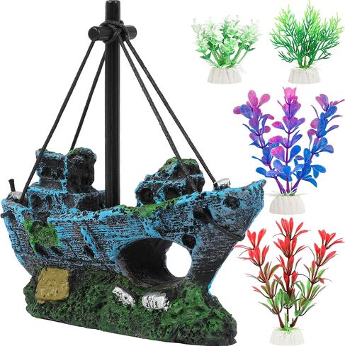 MyLifeUNIT Fish Tank Decor, Shipwreck with 4 Colorful Aquarium Plants in Kuwait