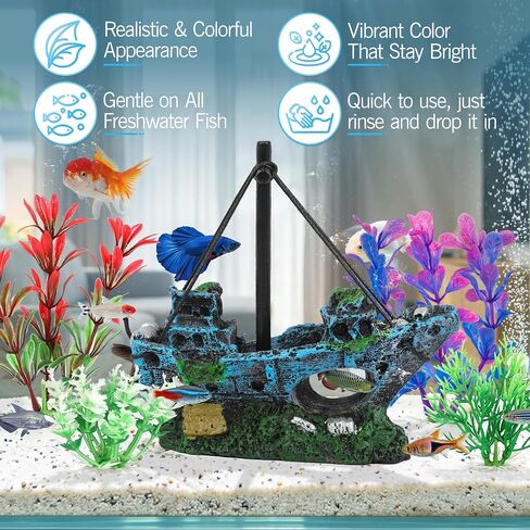 MyLifeUNIT Fish Tank Decor, Shipwreck with 4 Colorful Aquarium Plants in Kuwait