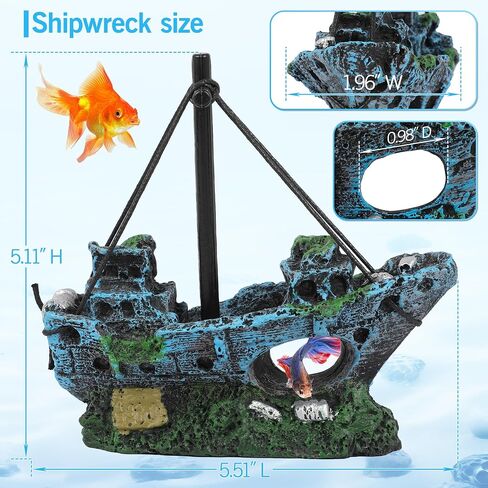 MyLifeUNIT Fish Tank Decor, Shipwreck with 4 Colorful Aquarium Plants in Kuwait