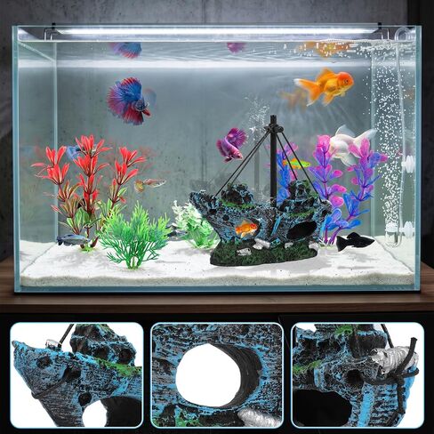 MyLifeUNIT Fish Tank Decor, Shipwreck with 4 Colorful Aquarium Plants in Kuwait