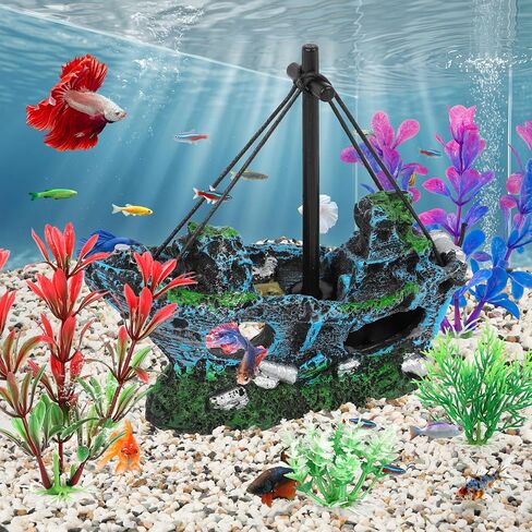 MyLifeUNIT Fish Tank Decor, Shipwreck with 4 Colorful Aquarium Plants in Kuwait