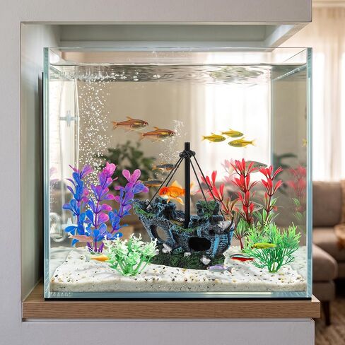 MyLifeUNIT Fish Tank Decor, Shipwreck with 4 Colorful Aquarium Plants in Kuwait
