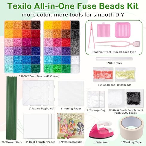 Fuse Beads Kit, 24,000pcs 2.6mm 48 Colors Mini Melting Beads for Beginners with Iron, Pegboards, Ironing Paper, Plant Stem & Accessories, DIY Pixel Art, Home Decor and Christmas Birthday Gift in Kuwait