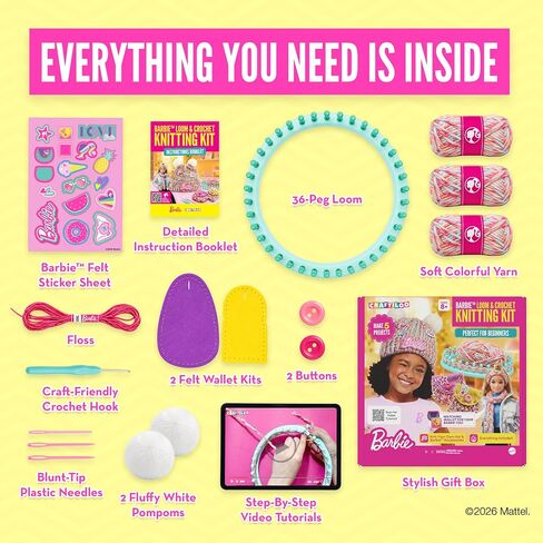 Barbie® Loom Knitting Kit for Kids Ages 8-12 – 5-Project Beginner Craft Set with 36-Peg Loom, Yarn, Crochet Hook & Instructions | Arts and Crafts Gift for Girls in Kuwait