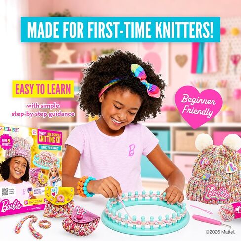 Barbie® Loom Knitting Kit for Kids Ages 8-12 – 5-Project Beginner Craft Set with 36-Peg Loom, Yarn, Crochet Hook & Instructions | Arts and Crafts Gift for Girls in Kuwait