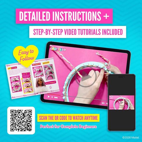 Barbie® Loom Knitting Kit for Kids Ages 8-12 – 5-Project Beginner Craft Set with 36-Peg Loom, Yarn, Crochet Hook & Instructions | Arts and Crafts Gift for Girls in Kuwait