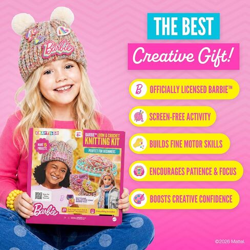 Barbie® Loom Knitting Kit for Kids Ages 8-12 – 5-Project Beginner Craft Set with 36-Peg Loom, Yarn, Crochet Hook & Instructions | Arts and Crafts Gift for Girls in Kuwait