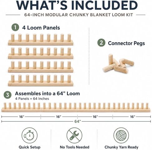 FVUILH Chunky Blanket Loom Kit for DIY Throw Blankets, Adjustable Solid Wood Hand Knitting Loom for Chunky Yarn, Beginner Friendly Yarn Craft Tool, No Needles Required (64'') in Kuwait