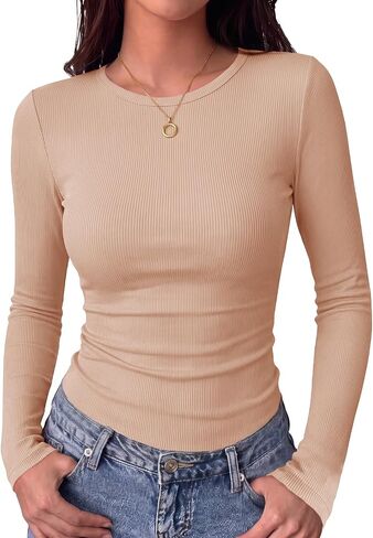 Lynwitkui Women's Long Sleeve Stretch Slim Fitted Ribbed T-Shirt Blouse Cut Out Solid Basic Tops in Kuwait