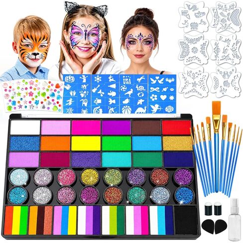 42 Colors Face Paint Kit, Non Toxic Water Activated Face Painting Kit for Kids & Adults with Split Cakes, Glitter & UV Colors, Brushes, Stencils & Gems for Halloween, Cosplay, Parties & Festivals in Kuwait