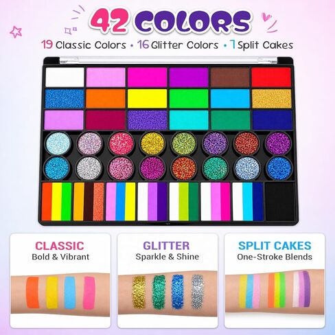42 Colors Face Paint Kit, Non Toxic Water Activated Face Painting Kit for Kids & Adults with Split Cakes, Glitter & UV Colors, Brushes, Stencils & Gems for Halloween, Cosplay, Parties & Festivals in Kuwait