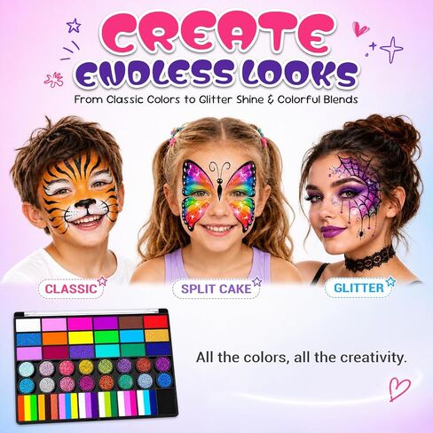 42 Colors Face Paint Kit, Non Toxic Water Activated Face Painting Kit for Kids & Adults with Split Cakes, Glitter & UV Colors, Brushes, Stencils & Gems for Halloween, Cosplay, Parties & Festivals in Kuwait