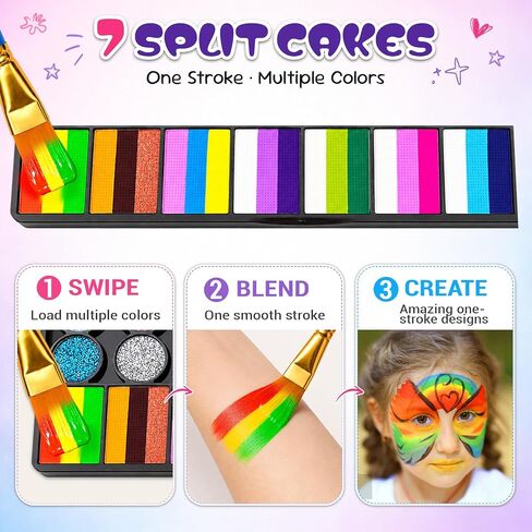 42 Colors Face Paint Kit, Non Toxic Water Activated Face Painting Kit for Kids & Adults with Split Cakes, Glitter & UV Colors, Brushes, Stencils & Gems for Halloween, Cosplay, Parties & Festivals in Kuwait