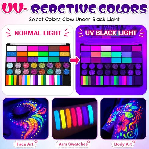 42 Colors Face Paint Kit, Non Toxic Water Activated Face Painting Kit for Kids & Adults with Split Cakes, Glitter & UV Colors, Brushes, Stencils & Gems for Halloween, Cosplay, Parties & Festivals in Kuwait