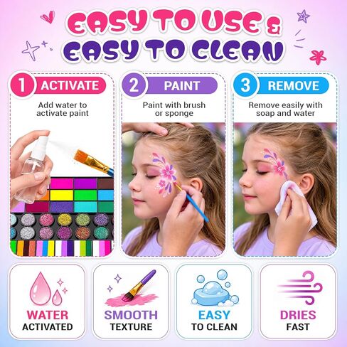 42 Colors Face Paint Kit, Non Toxic Water Activated Face Painting Kit for Kids & Adults with Split Cakes, Glitter & UV Colors, Brushes, Stencils & Gems for Halloween, Cosplay, Parties & Festivals in Kuwait