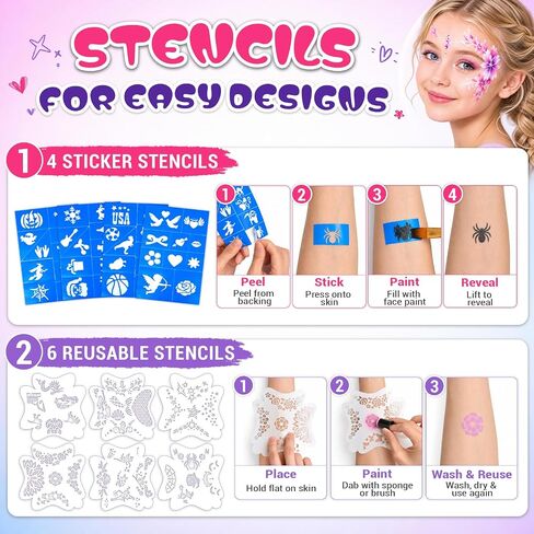 42 Colors Face Paint Kit, Non Toxic Water Activated Face Painting Kit for Kids & Adults with Split Cakes, Glitter & UV Colors, Brushes, Stencils & Gems for Halloween, Cosplay, Parties & Festivals in Kuwait