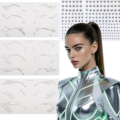 5 Pack Cyber Punk Machinery Eyeliner Sticker with Silver Face Gems Futuristic Makeup Set for Women Girls Halloween Cyber Punk Y3K Cosplay Rave Party Accessories in Kuwait
