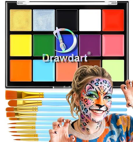 Drawdart Face Body Paint Kit, 15 Colors Palette with 10 Artist Brushes, Facepaint Makeup Kit for Soccer Tournaments & Game Day Fans, Halloween SFX Cosplay Costume Parties in Saudi Arabia