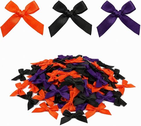 100 PCS Mini Satin Ribbon Bow, 1.77 Inchs Tiny Bows 3 Colors for DIY Crafts Gift Wrapping, Thanksgiving Day Christmas Decorations (Orange, Gold, Brown) in Kuwait