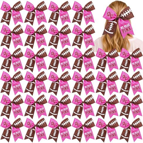 48 Pcs Breast Cancer Awareness Cheer Bows 7'' Football Hair Ties in Kuwait