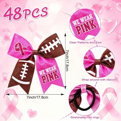 48 Pcs Breast Cancer Awareness Cheer Bows 7'' Football Hair Ties in Kuwait