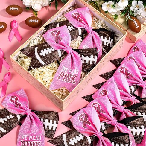 48 Pcs Breast Cancer Awareness Cheer Bows 7'' Football Hair Ties in Kuwait