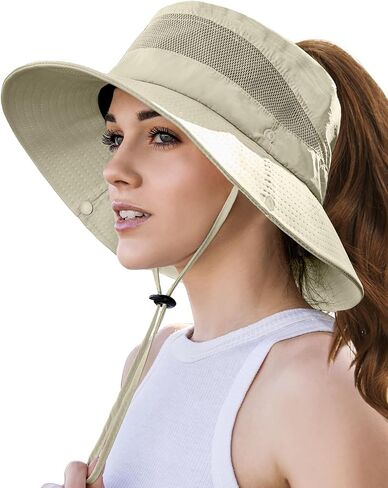 Sun Hat with High Ponytail Hole for Women, UPF 50+ UV Protection Safari Hiking Wide Brim Foldable Waterproof Beach Bucket Hat in Kuwait
