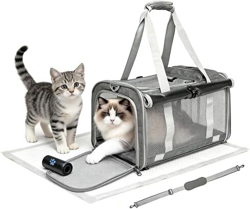 Cat Carrier Soft Sided Dog Carrier Airline Approved Pet Carrier for Small Dog/Cat Bag (17.32" L×10.63" W×9.84" H) with 1 Poop Bags and 5 Pee Pads,Ideal for Medium-Large Cats Small Dogs in Kuwait