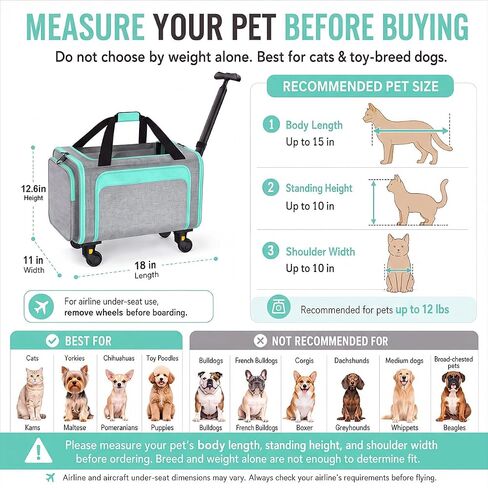 Airline Pet Carrier with Wheels, 18x11x11 for Cats & Toy Dogs in Saudi Arabia