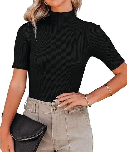 Lacozy Women Casual Basic Mock Neck Top Short Sleeve Shirt Slim Fit Ribbed Knit Pullover Sweater in Kuwait