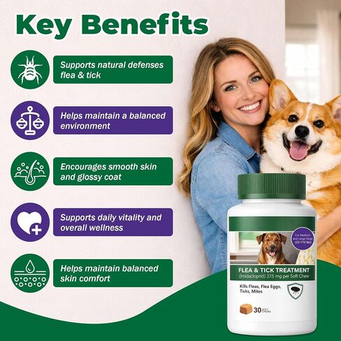 Flea and Tick Prevention for Dogs, Imidacloprid Soft Chews for Medium & Large Dogs 23–110 lbs, Fast-Acting Flea Treatment for Dogs, Helps Kill Fleas, Flea Eggs,Ticks & Mites, Oral Soft Chews, 30 Count in Kuwait