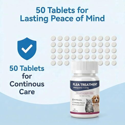 Oral Flea Treatment for Cats and Dogs, Nitenpyram 11.4mg Oral Flea Control Pills for Kitten and Puppy 2-25 lbs, Chicken Flavor (50 Tablets) in Kuwait
