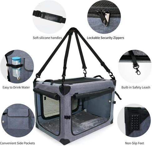 NEZUC Collapsible Dog Crates for Large Dogs Portable Soft Sided Travel Dog Carrier for Indoor & Outdoor, 4-Door Foldable Pet Kennel with Durable Mesh Windows (Gray, 24.0" L x 17.0" W x 17.0") in Kuwait