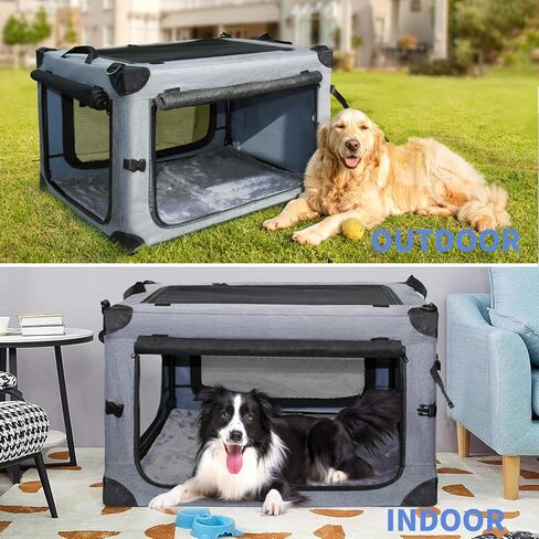 NEZUC Collapsible Dog Crates for Large Dogs Portable Soft Sided Travel Dog Carrier for Indoor & Outdoor, 4-Door Foldable Pet Kennel with Durable Mesh Windows (Gray, 24.0" L x 17.0" W x 17.0") in Kuwait