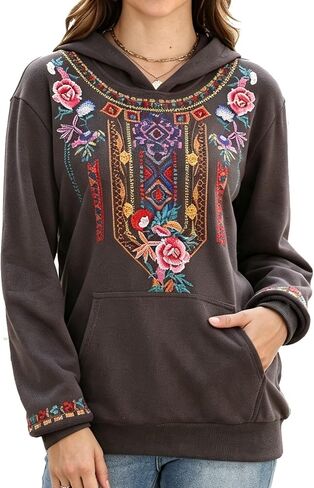 Higustar Embroided Hoodies for Women Mexican Cotton Sweatshirts Bohemian Casul Long Sleeve Fall With Pockets Hoodie in Kuwait