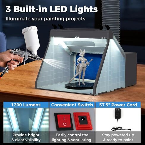 Toolsempire Portable Airbrush Paint Spray Booth Kit with 3 LED Lights, 7.5" Turntable, Lighted Painting Station with Fan Filter, Exhaust Extension Hose & Spray Gun Holders for Painting, Craft & Model in Kuwait