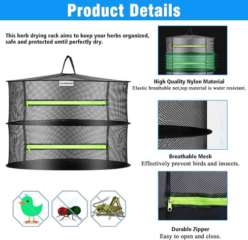 Herb Drying Rack, Breathable Mesh, 2-Layer, Black, Nylon & Polyester, 8x24x24 Inches, 2.2 lbs Capacity, Foldable, Ceiling Mount, Ideal for Herbs, Jerky, Meat, Plants, Fish, Clothes, Nuts in Kuwait