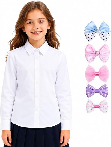 Bienzoe Girls Long Sleeve Shirt: Kids School Uniform Button Down Cotton Oxford Blouse Bowtie Pack in Kuwait