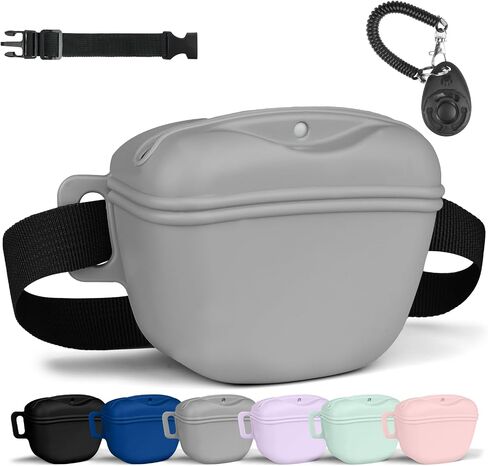 AOMIG Dog Treat Pouch with Training Clicker, 1.67 Cup Silicone Dog Treat Bag with Stronger Magnetic Closure, Portable Pouches for Pet Training Walking Premium Fanny Pack with Waist Belt(Black) in Kuwait